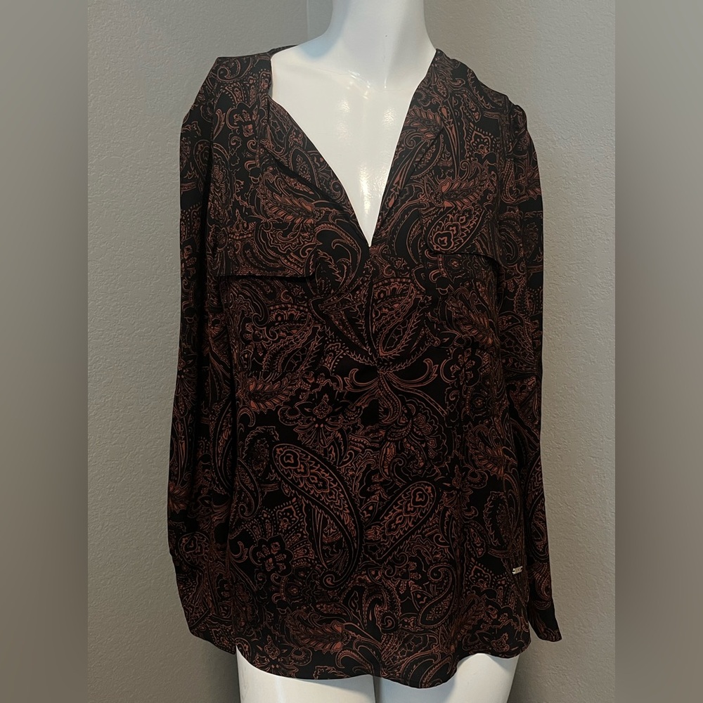 Jones New York Women’s Black /Brown LS Paisley Top Blouse Size M US